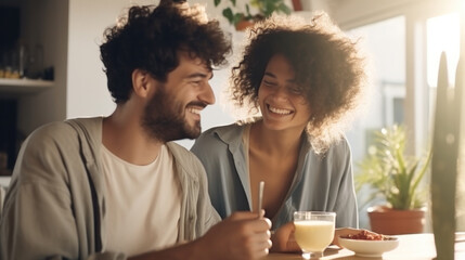 Engaged couple has breakfast together in their new home - young couple smiling while drinking and eating in the kitchen.
