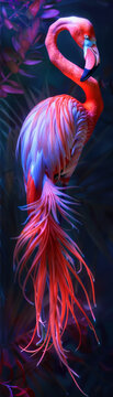 A flamingo with a long tail and pink feathers. The image has a vibrant and colorful mood