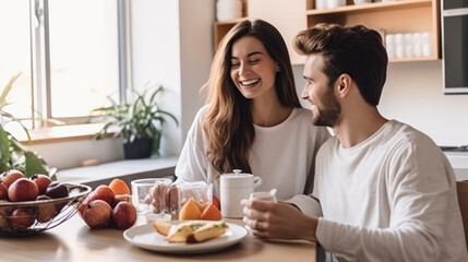 Engaged couple has breakfast together in their new home - young couple smiling while drinking and eating in the kitchen.