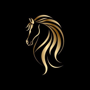 An exquisite depiction of a horse's head and mane in a metallic golden tone gracefully contrasting with a black background