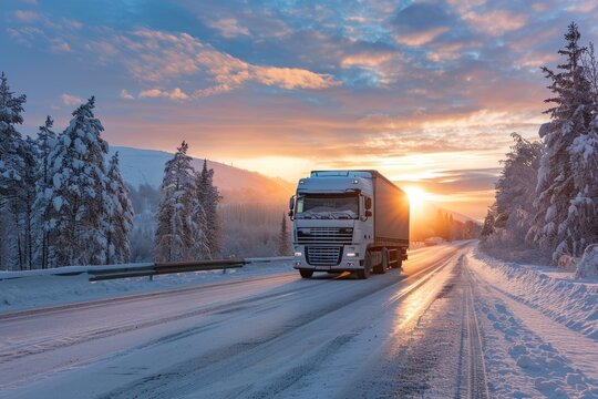 Large truck driving on a road in winter, snow covered landscape and sunset sky background