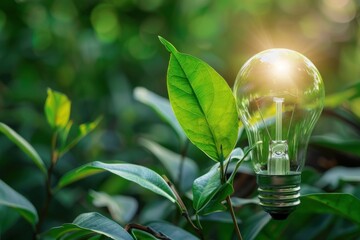 Light bulb with green leaf inside on beautiful green plant background, energy saving, green planet and recycling theme