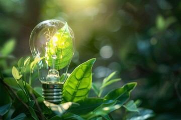 Light bulb with green leaf inside on beautiful green plant background, energy saving, green planet and recycling theme