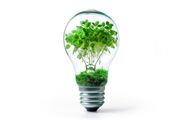 Light bulb with green vegetation inside isolated on white background. Green renewable energy or recycling theme