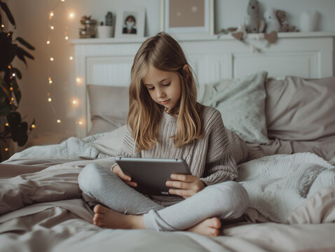 A cute girl child sitting on the bed watching something on a tablet