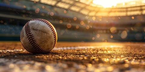 baseball ball floating in air in a frozen moment with blurred base and outfield in background.
