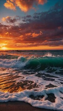 Stunning colorful sunset over the beach as waves are crashing in