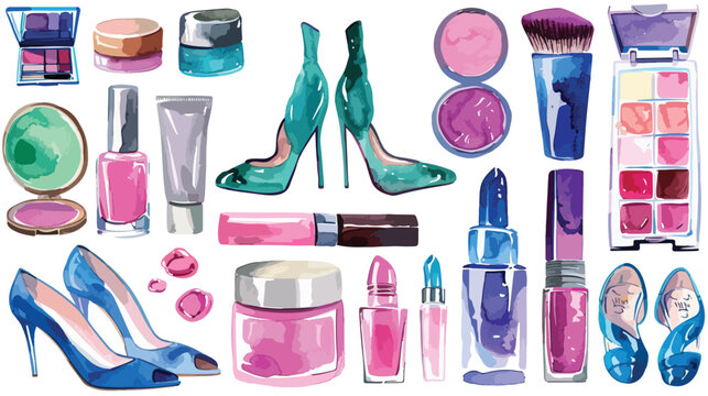 Watercolor cosmetics and shoes collection  Vector