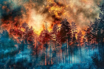 Fire in the forest. A big forest fire. Pine trees and other trees in the forest are burning.