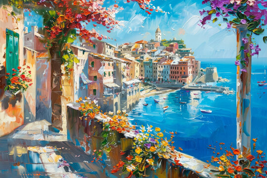 beautiful oil painting of an old mediterranean european town