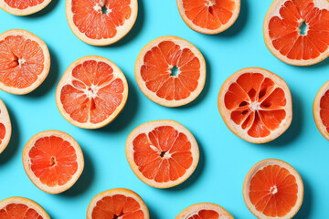 Sliced grapefruit arranged in a geometric pattern on vibrant blue background, top view flat lay concept
