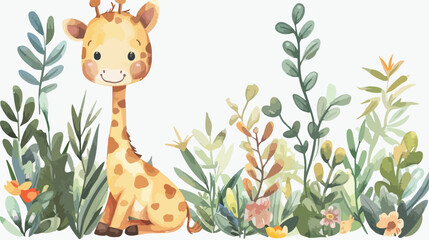 Watercolor cute baby giraffe and plants flat cartoon - obrazy, fototapety, plakaty