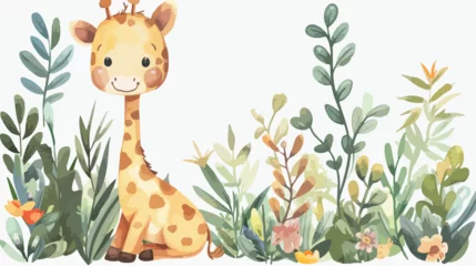 Fotobehang Watercolor cute baby giraffe and plants flat cartoon © Quintessa