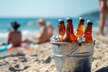 Metal bucket with bottles of beer on beach with people play background