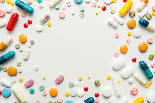 Medical white blank background with colorful pills and capsules all around with empty space inside