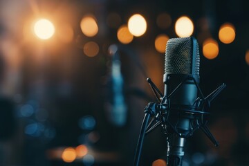 microphone in a studio with spot lights on background - obrazy, fototapety, plakaty