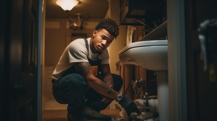A man is kneeling down in front of a sink