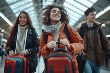 Naklejka premium A diverse group of happy young people, with luggage, who have just disembarked from their flight ready to enjoy their vacation. Travel, vacation and youth concept.