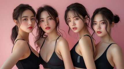 Group of young Asian women in sports bra with body positivity on pink background, friends and self love. - obrazy, fototapety, plakaty