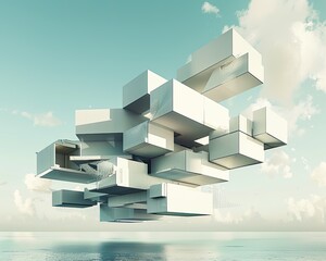 An abstract building composed entirely of floating geometric shapes defying gravity