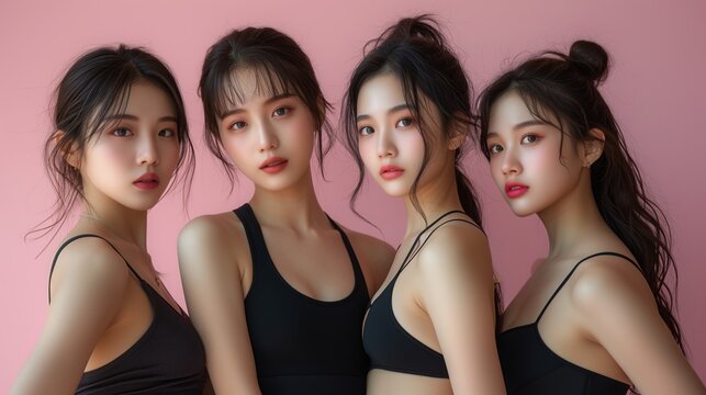 Group of young Asian women in sports bra with body positivity on pink background, friends and self love.