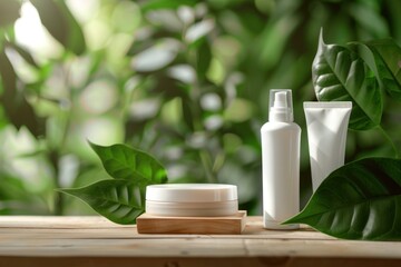 Mockup cosmetic skin care product body lotion, hair shampoo, face cream on wooden table with leaves in background