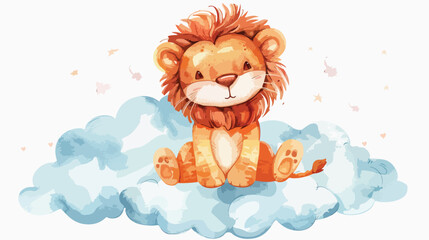 Watercolor cute baby lion sitting on the cloud flat
