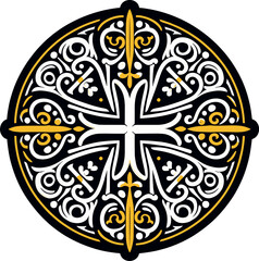 Vector illustration of an ornamental Christian cross, featuring a Celtic cross or Armenian Khachkar design within a circular frame, incorporating Christian motifs and Catholic ornamentation. 
