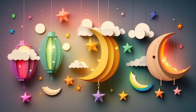 Flat illustration of lantern stars and moon hanging decoration Generate AI