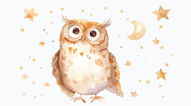 Watercolor cute baby owl and stars flat cartoon vector