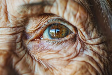 Old senior woman eyes, closeup detail to her face, both iris visible, wrinkled skin near