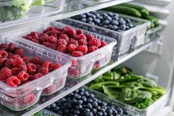 Organized clear containers of fresh raspberries, blueberries, and green vegetables are neatly displayed in refrigerator