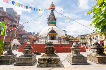 nepalese style stupa at kathmandu street - obrazy, fototapety, plakaty