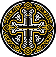 Obraz premium Vector illustration of an ornamental Christian cross, featuring a Celtic cross or Armenian Khachkar design within a circular frame, incorporating Christian motifs and Catholic ornamentation. 