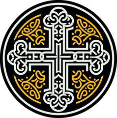 Vector illustration of an ornamental Christian cross, featuring a Celtic cross or Armenian Khachkar design within a circular frame, incorporating Christian motifs and Catholic ornamentation. 