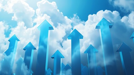 A blue arrows moving up to the clouds between the other arrows symbolizing financial growth