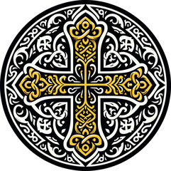 Vector illustration of an ornamental Christian cross, featuring a Celtic cross or Armenian Khachkar design within a circular frame, incorporating Christian motifs and Catholic ornamentation. 