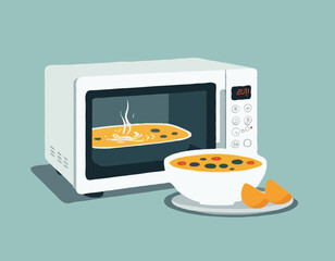 A microwave oven with tumblers and buttons, a kitchenware appliance with a bowl of soup warming inside
