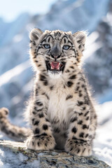 Fototapeta premium A playful snow leopard cub with a mischievous grin and big, blue eyes