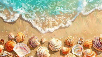 seashells on the beach during the day with clear sea water - obrazy, fototapety, plakaty