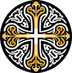 Vector illustration of an ornamental Christian cross, featuring a Celtic cross or Armenian Khachkar design within a circular frame, incorporating Christian motifs and Catholic ornamentation. 