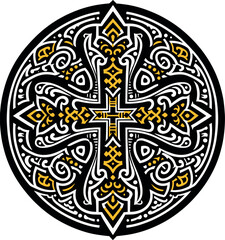 Obraz premium Vector illustration of an ornamental Christian cross, featuring a Celtic cross or Armenian Khachkar design within a circular frame, incorporating Christian motifs and Catholic ornamentation. 