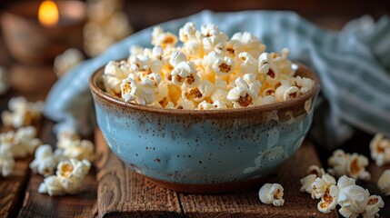 Fototapeta na wymiar An empty bowl of popcorn sitting on a wooden table