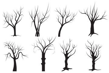 Set of Naked tree vector. Bare tree vector, icon, symbol design. Set of dead tree silhouettes, vector. Halloween tree vector design. Tree without leaves - obrazy, fototapety, plakaty