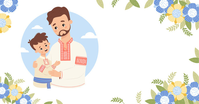 Happy Father's Day poster. Ukrainian man dad with son