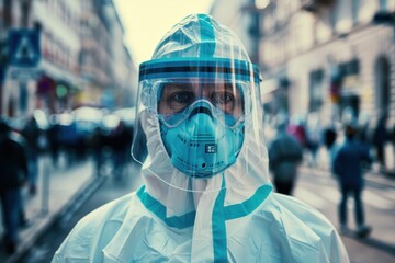 medical worker or doctor wearing a protective suit or suit to protect on street city with panic running people