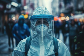 Fototapeta na wymiar medical worker or doctor wearing a protective suit or suit to protect on street city with panic running people