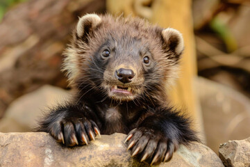 A goofy wolverine cub with a surprised expression and big, fluffy paws