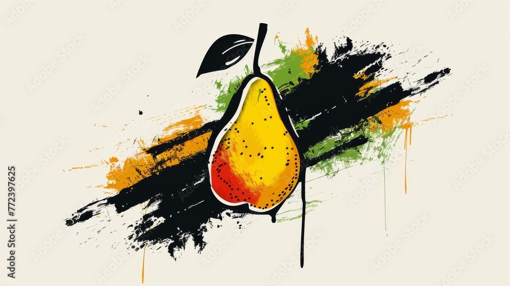 Poster a picture of a pear adorned with a leaf on its stem and a smudge of paint in the background