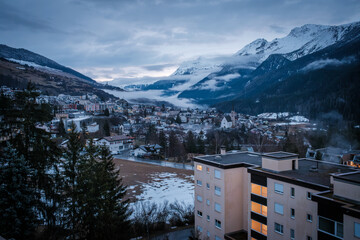 the town of Scuol in Switzerland at dawn